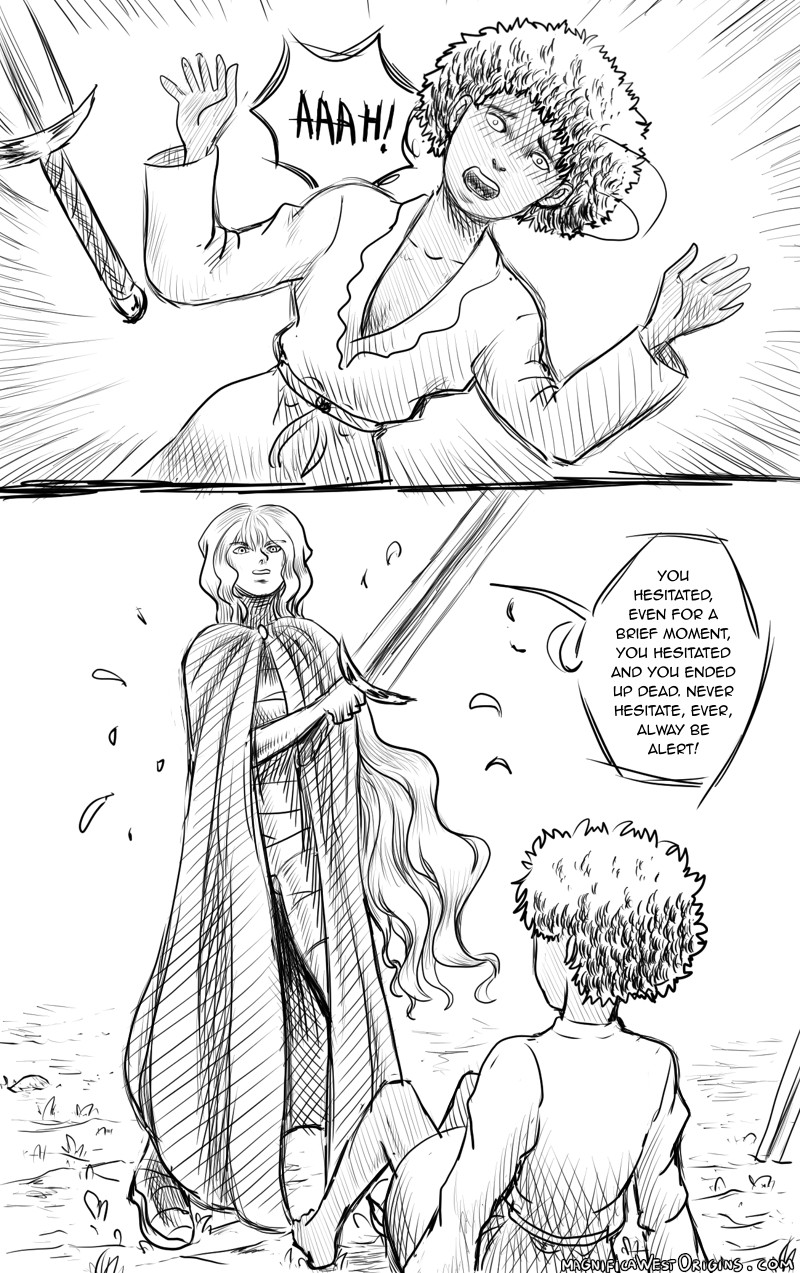 Mora gets startled by the surprise, turns around, drops her sword, and falls to the ground. While on the ground, she sees Marianne above her with a sword in her hand, saying her hesitation ended up killing her.